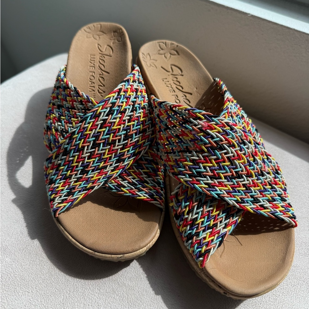Skechers Women's Multi-Stripe Woven Crossover Slide Sandals
